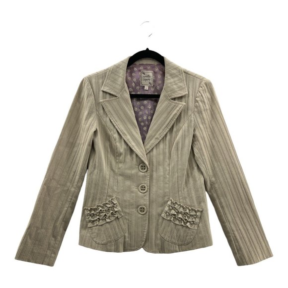 Nanette Lepore Womens Blazer Beige Stripe Long Sleeve Ruffle Pockets Stretch 6 - Picture 1 of 10